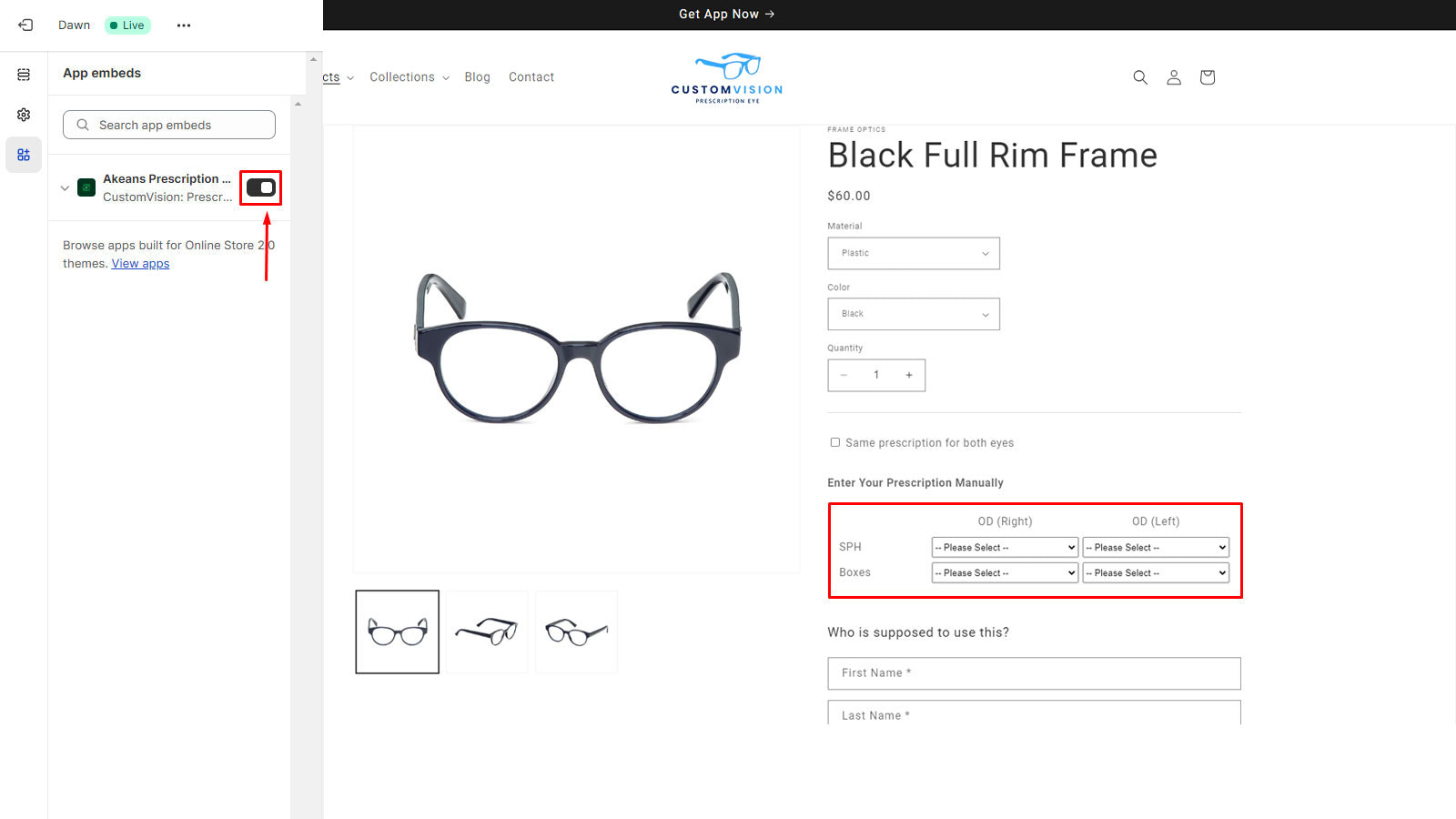 Aplicativo de Lentes de Prescrição Embutido 