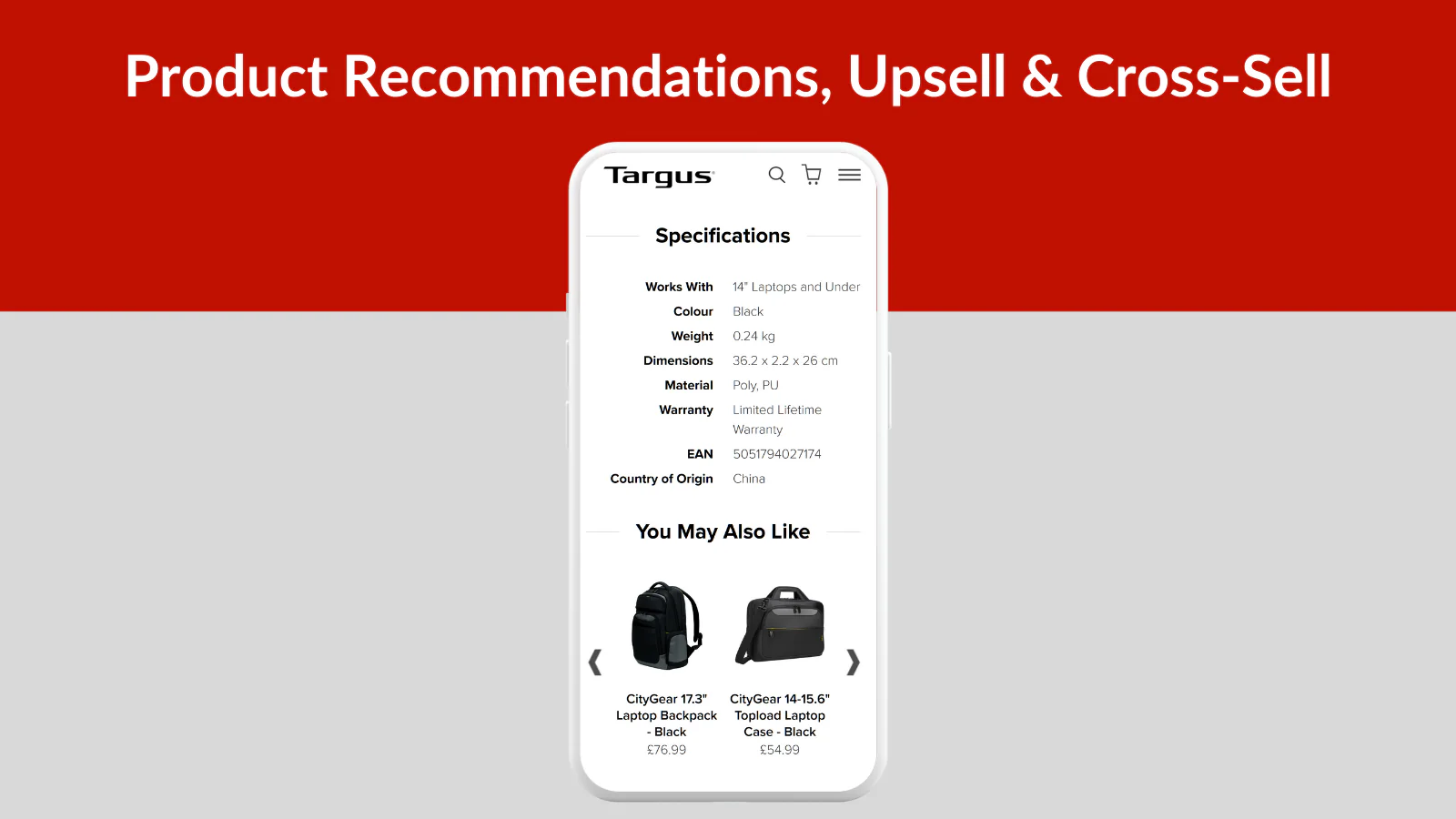 Search - Product Recommendations, upsell & cross Sell Targus