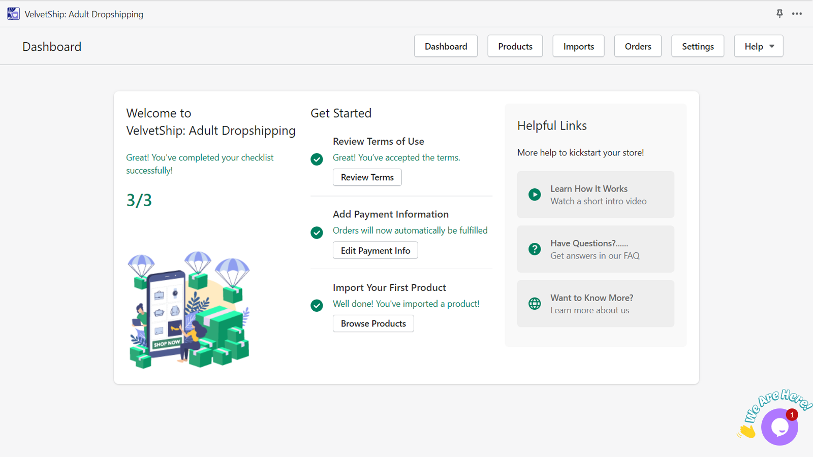 VelvetShip Dashboard Willkommens-Assistent zum Starten!