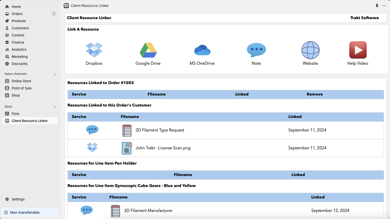 Página de Recursos de Pedidos do Client Resource Linker