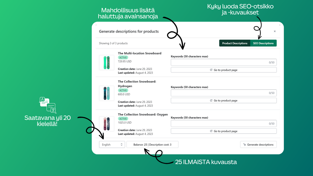 Mahdollisuus lisätä halutut avainsanat auttamaan tekoälyä.