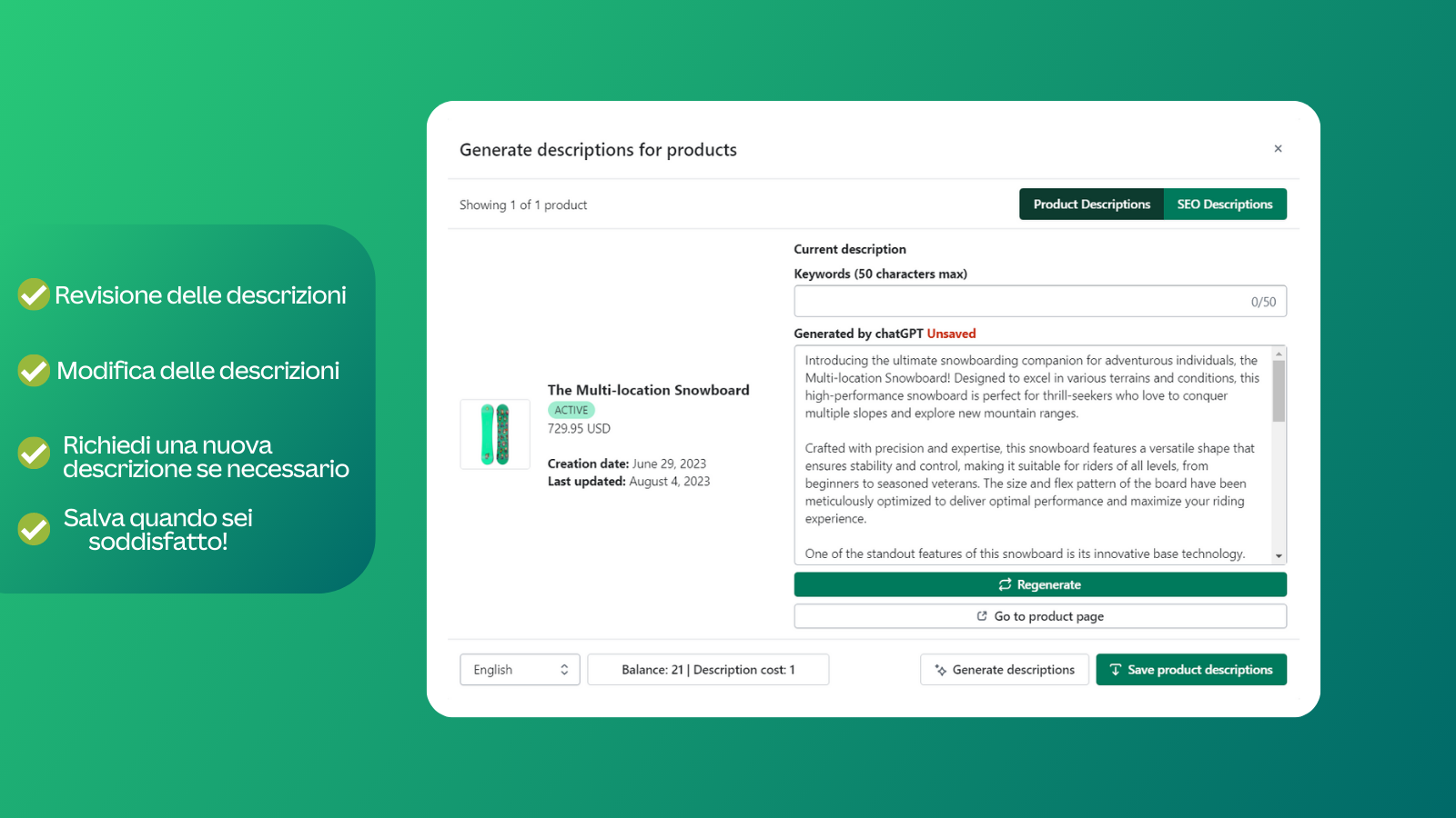 Rivedi, modifica e genera nuove descrizioni se necessario