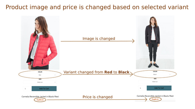 A imagem e o preço do produto são alterados com base na variante selecionada 