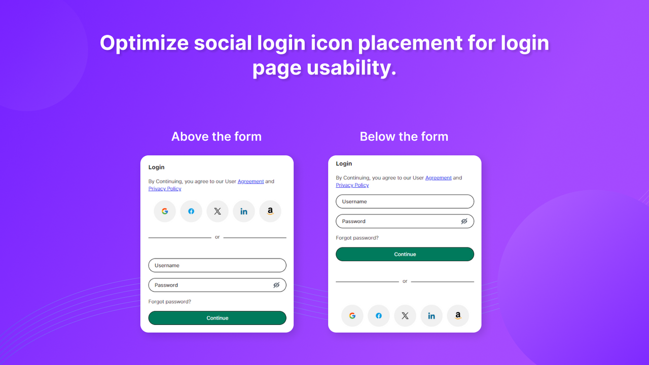 Otimizar a colocação do ícone de login social para a usabilidade da página de login.