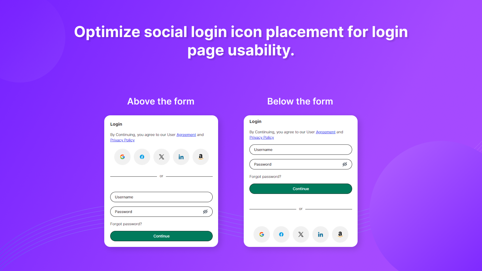 Optimize social login icon placement for login page usability.