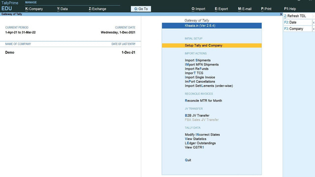 Options du menu Tally Khaata