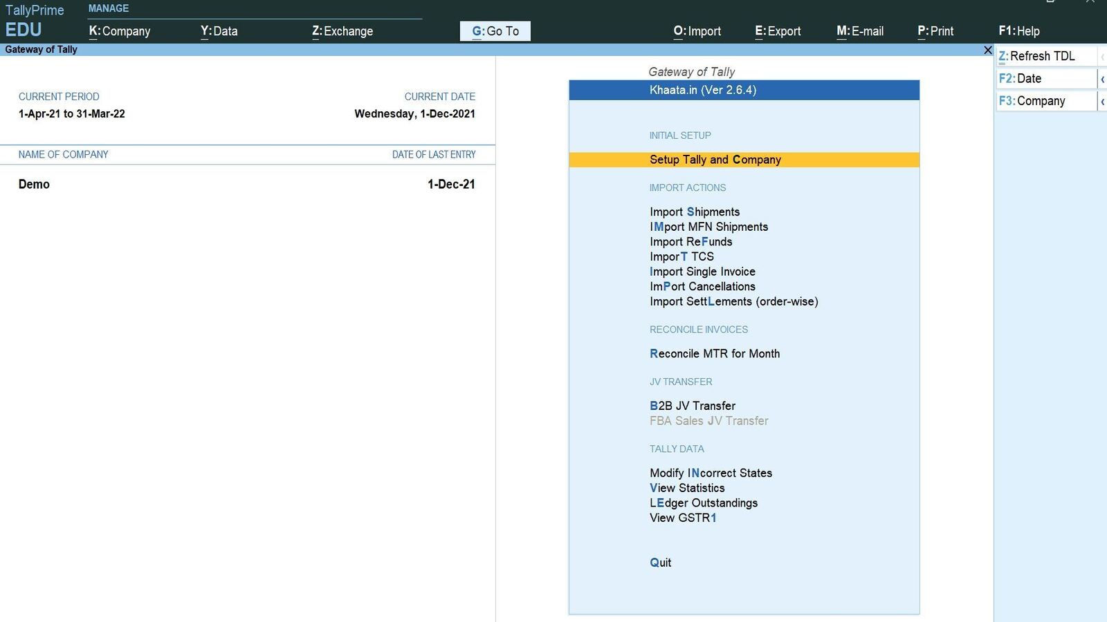 Options du menu Tally Khaata