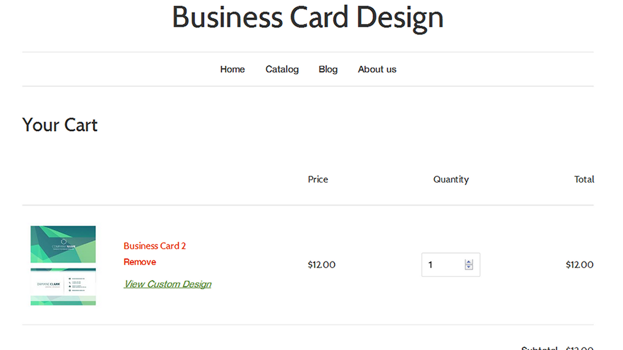 Customized business card in the cart page