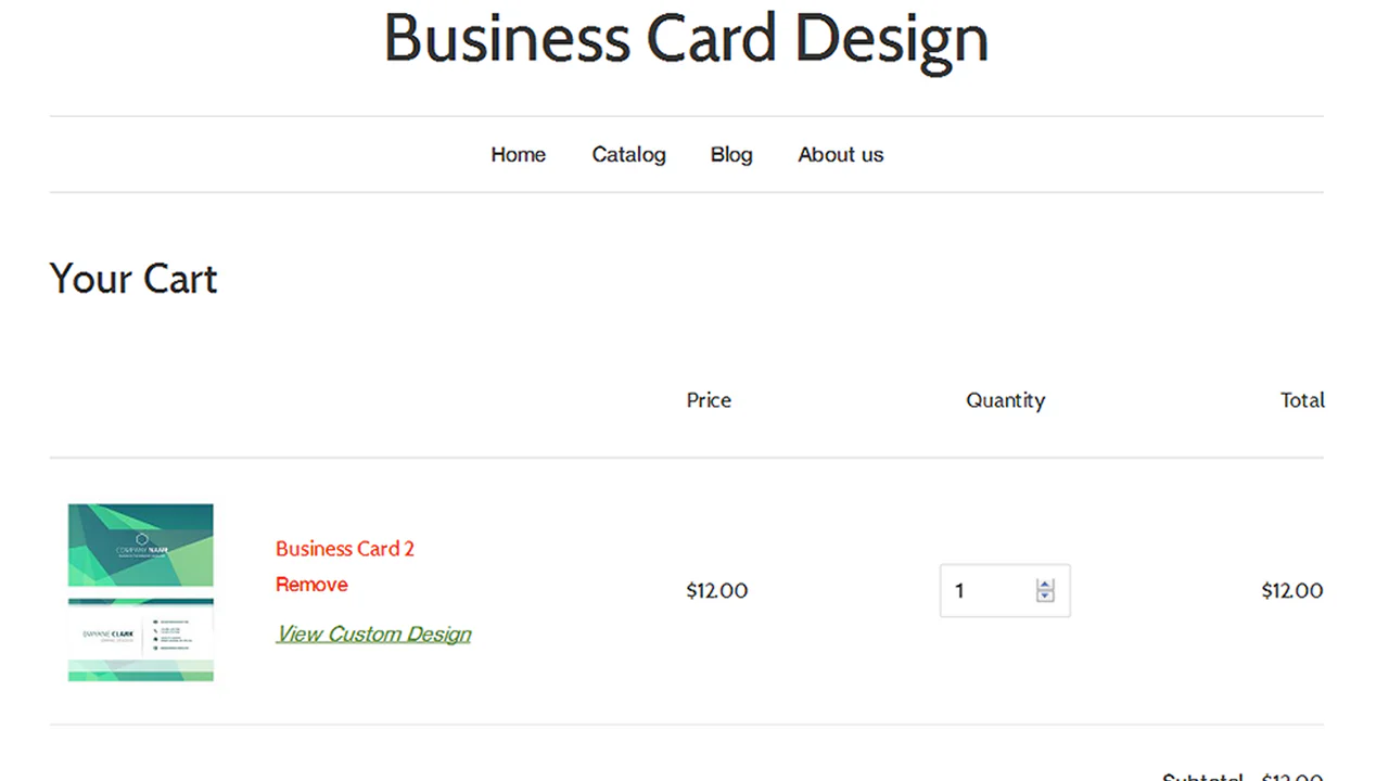 Customized business card in the cart page