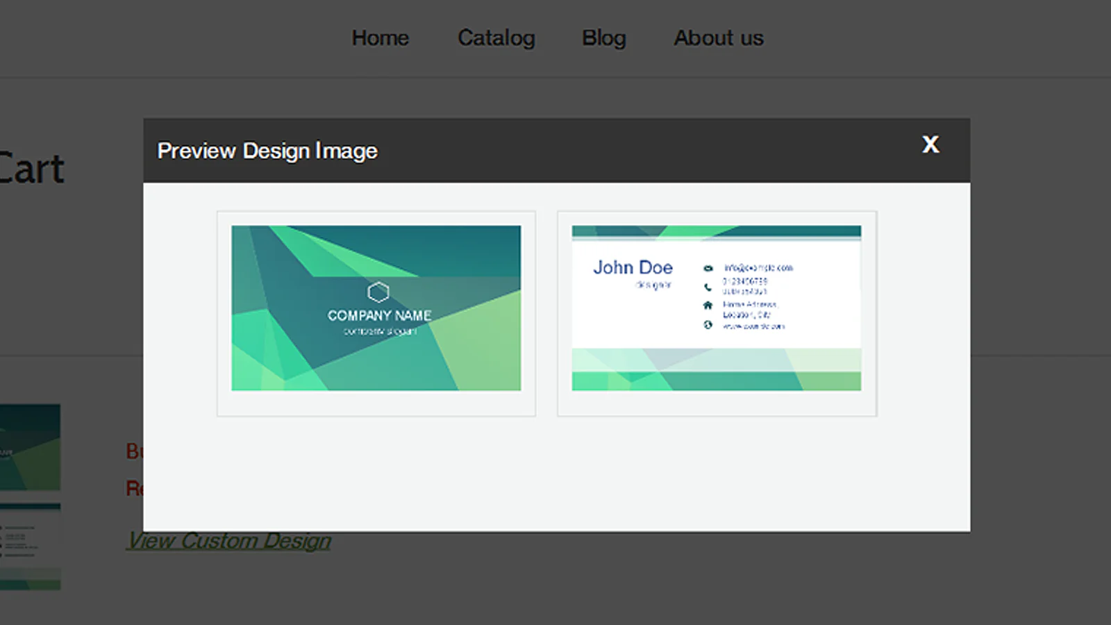 Preview of customized business card on the cart page