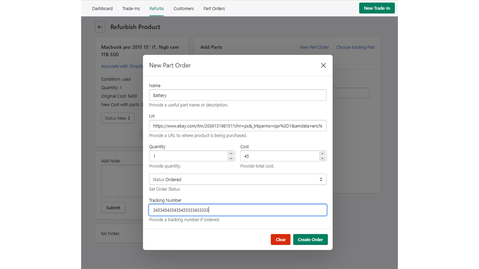 Create part orders, track delivery and update refurb status