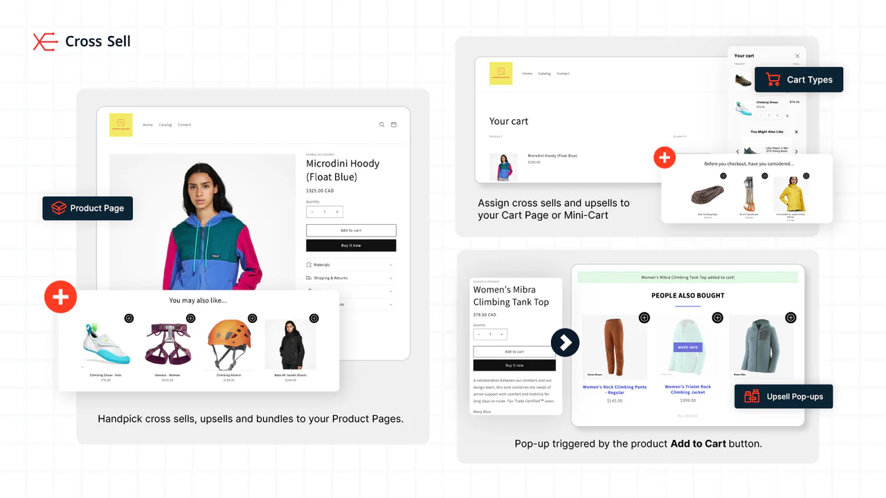 Cross-sells op product- en winkelwagenpagina's. Upsell pop-ups beschikbaar!