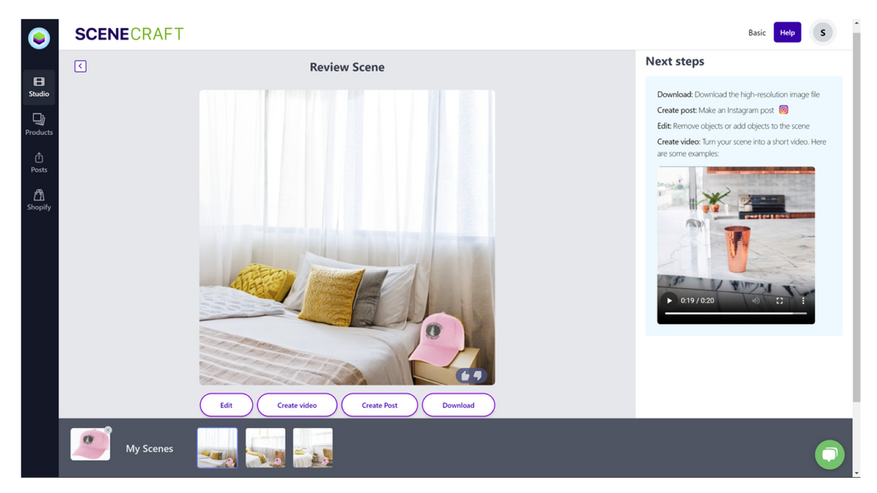 Review your scene and edit, create a video, post, or download