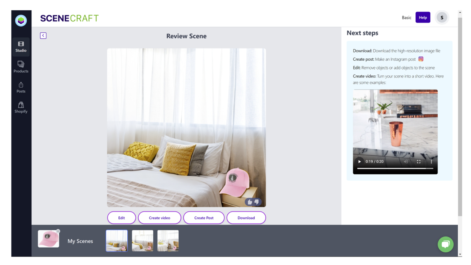 Review your scene and edit, create a video, post, or download