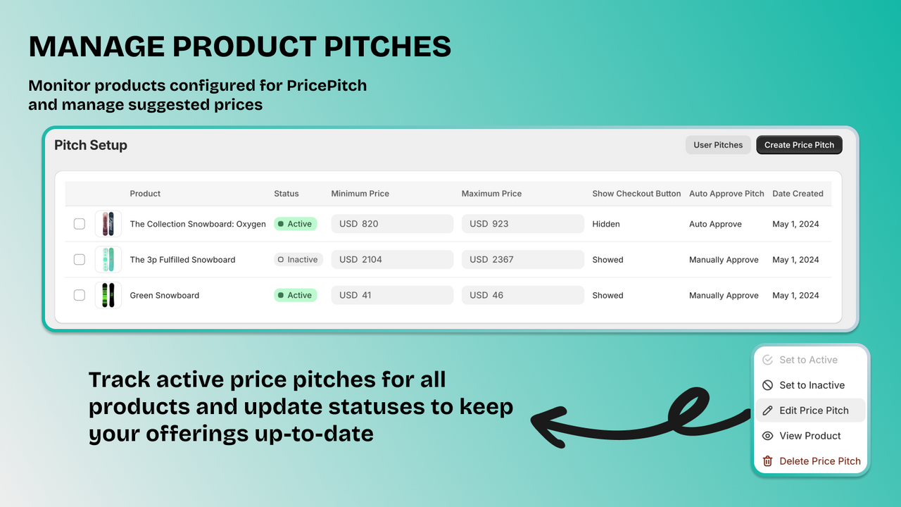 PricePitch. Second screenshot showing the product pitches page