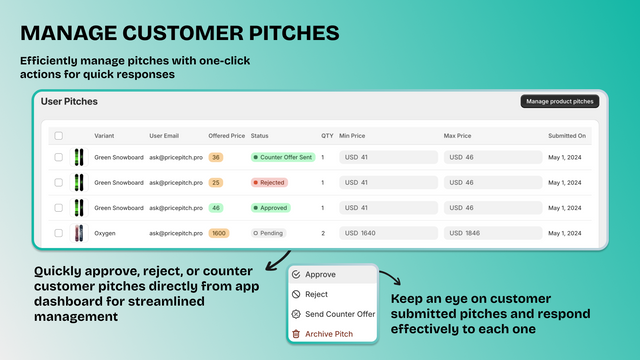 PricePitch. Third screenshot showcasing manage customers pitches