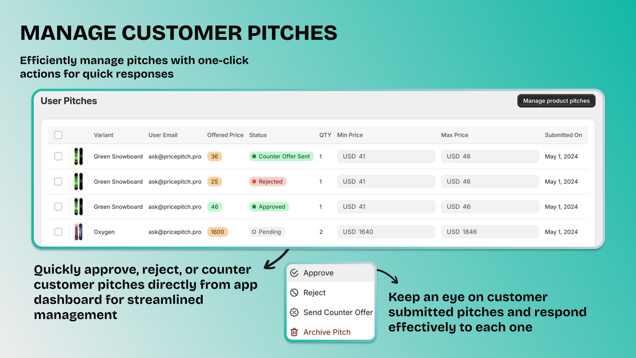 PricePitch. Terceira captura de tela mostrando o gerenciamento das propostas dos clientes