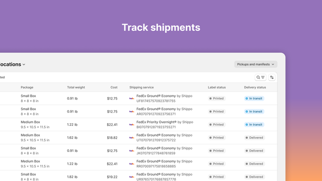 tracking dashboard displaying all packages in a table format