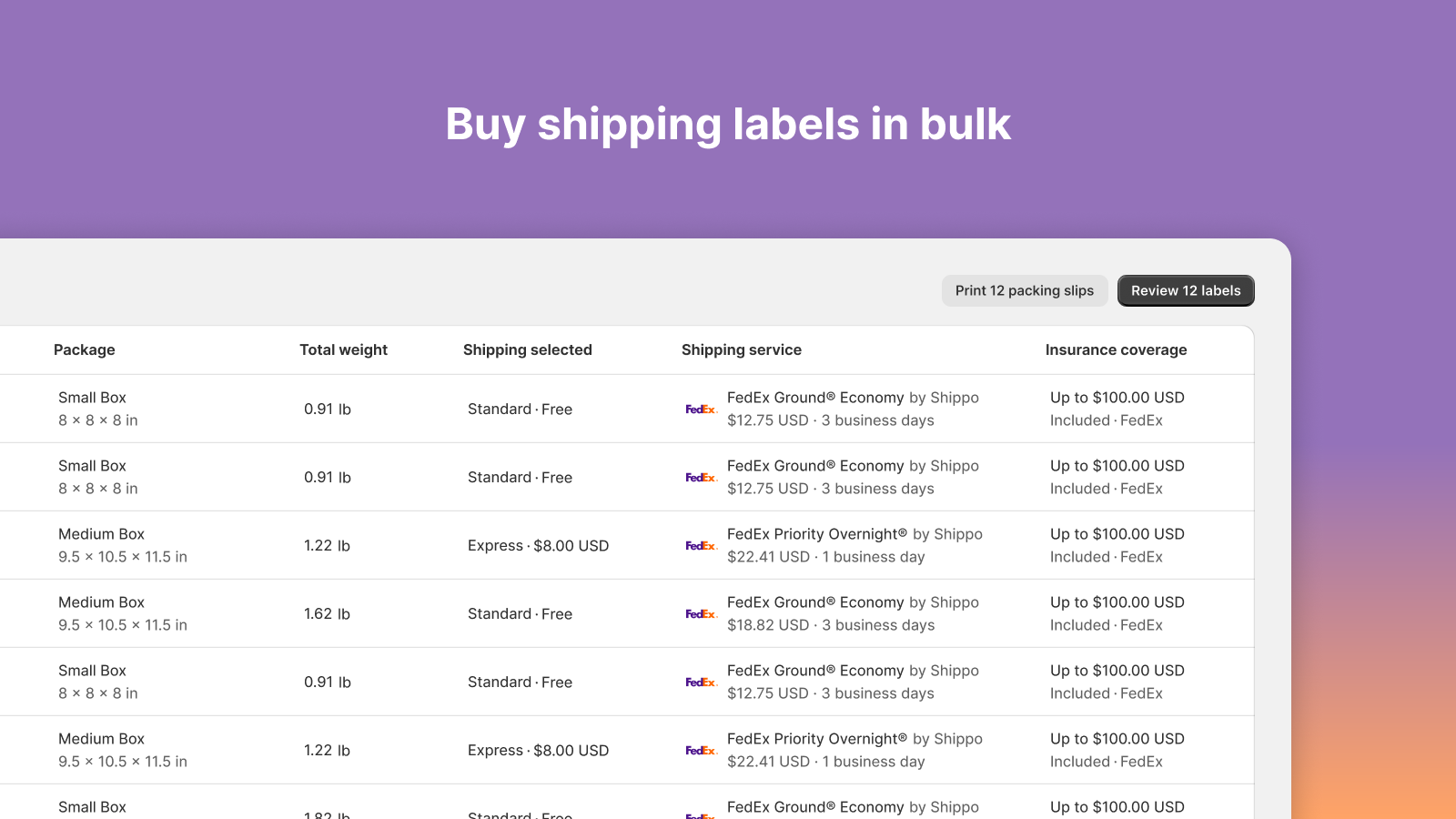 visar olika erbjudanden från FedEx, köp fraktetiketter i bulk