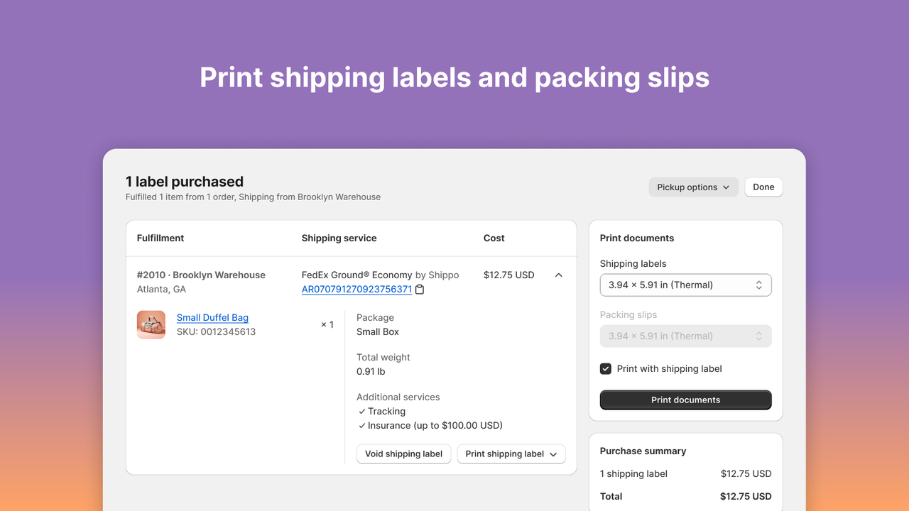 print shipping labels and packing slips