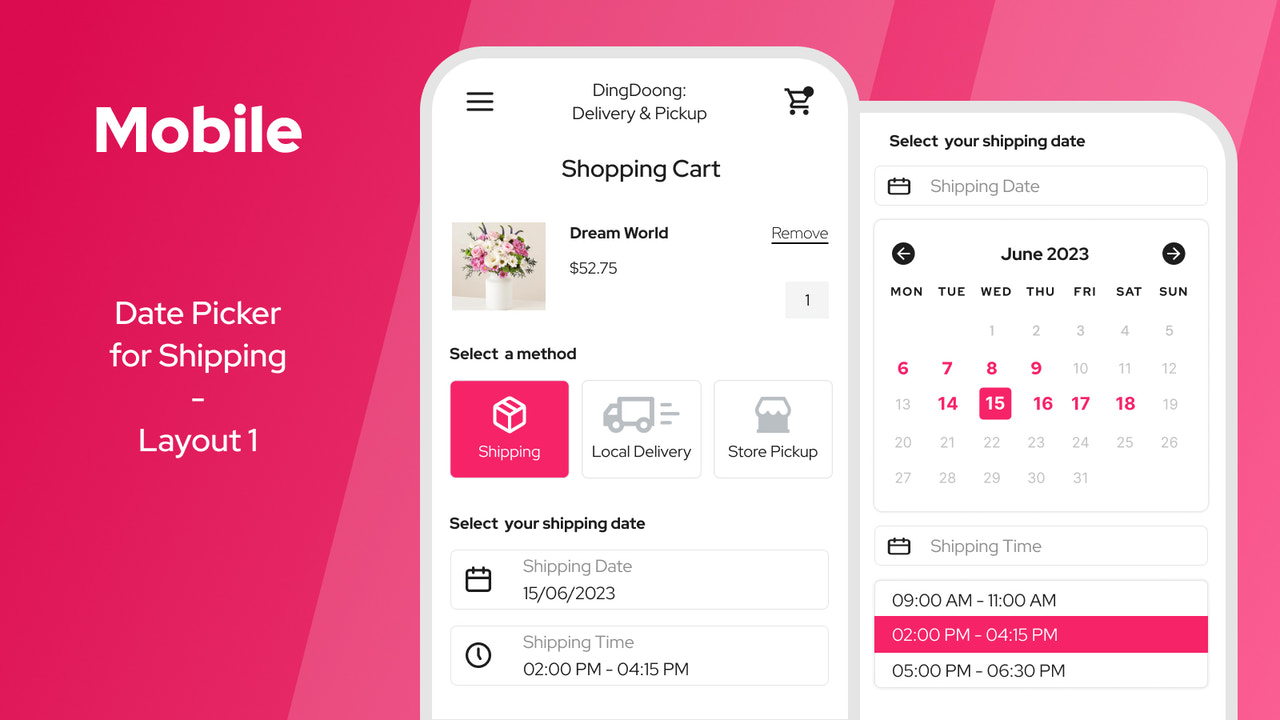 Date Picker with Local Delivery options displayed on mobile 