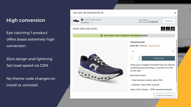 Hohe Konversionsrate bei Upselling und Cross-Selling. Rabattierte Upsells.