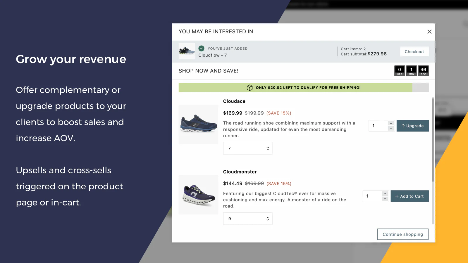 On-cart, product page upsell & cross-sell popup. Upsell bundles.