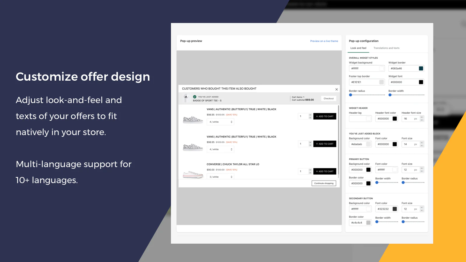 Tilpasset pop-up design, tilpasning og multi-sprog support