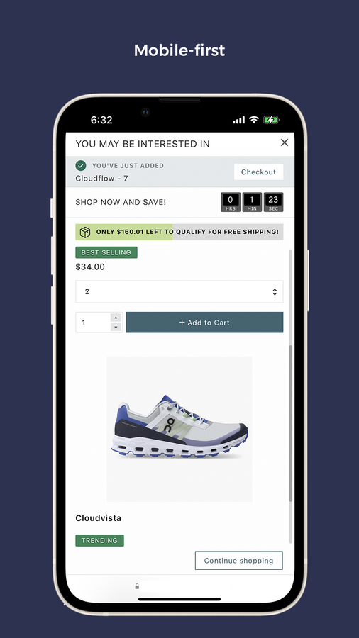 Android and iPhone one click in-cart upsell recommendations.