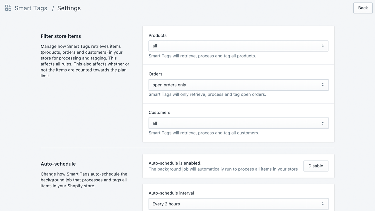 Page des paramètres Smart Tags