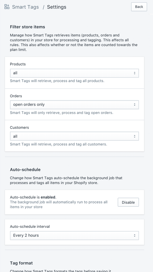 Página de Configurações de Smart Tags