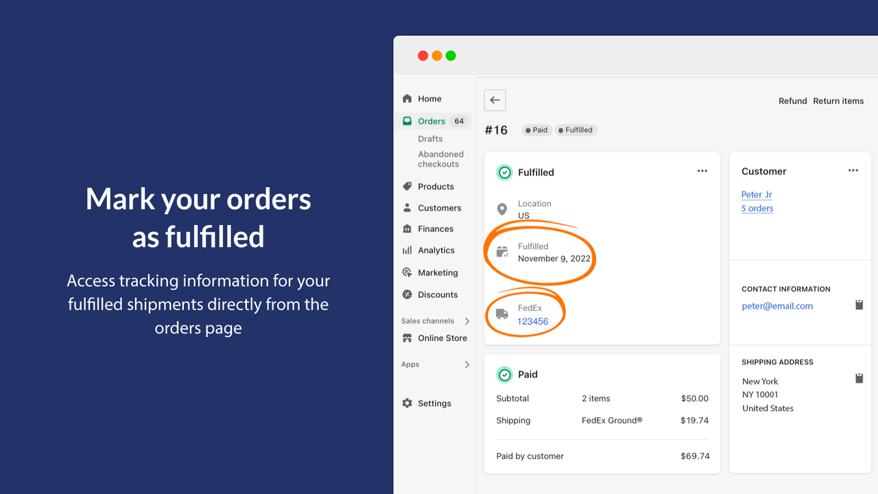 Marker ordrerne som opfyldt med FedEx-sporingsdetaljer.