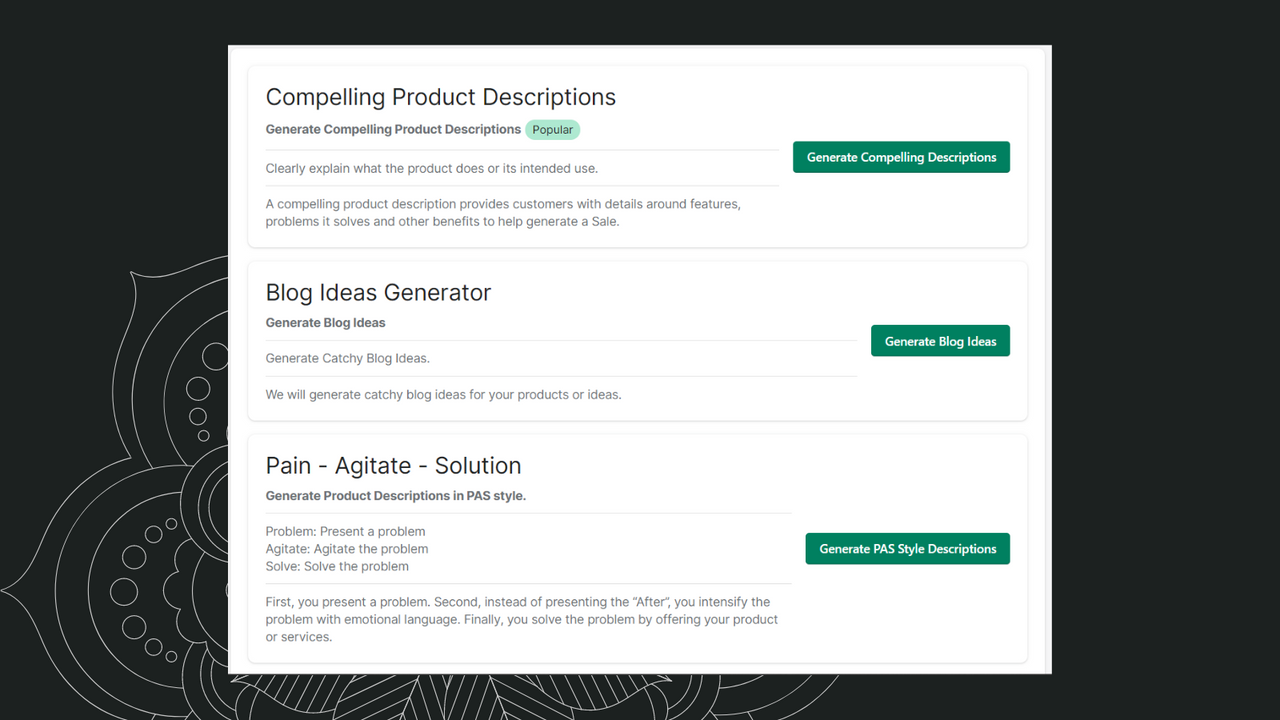 Différents types de générations de contenu par Descrii