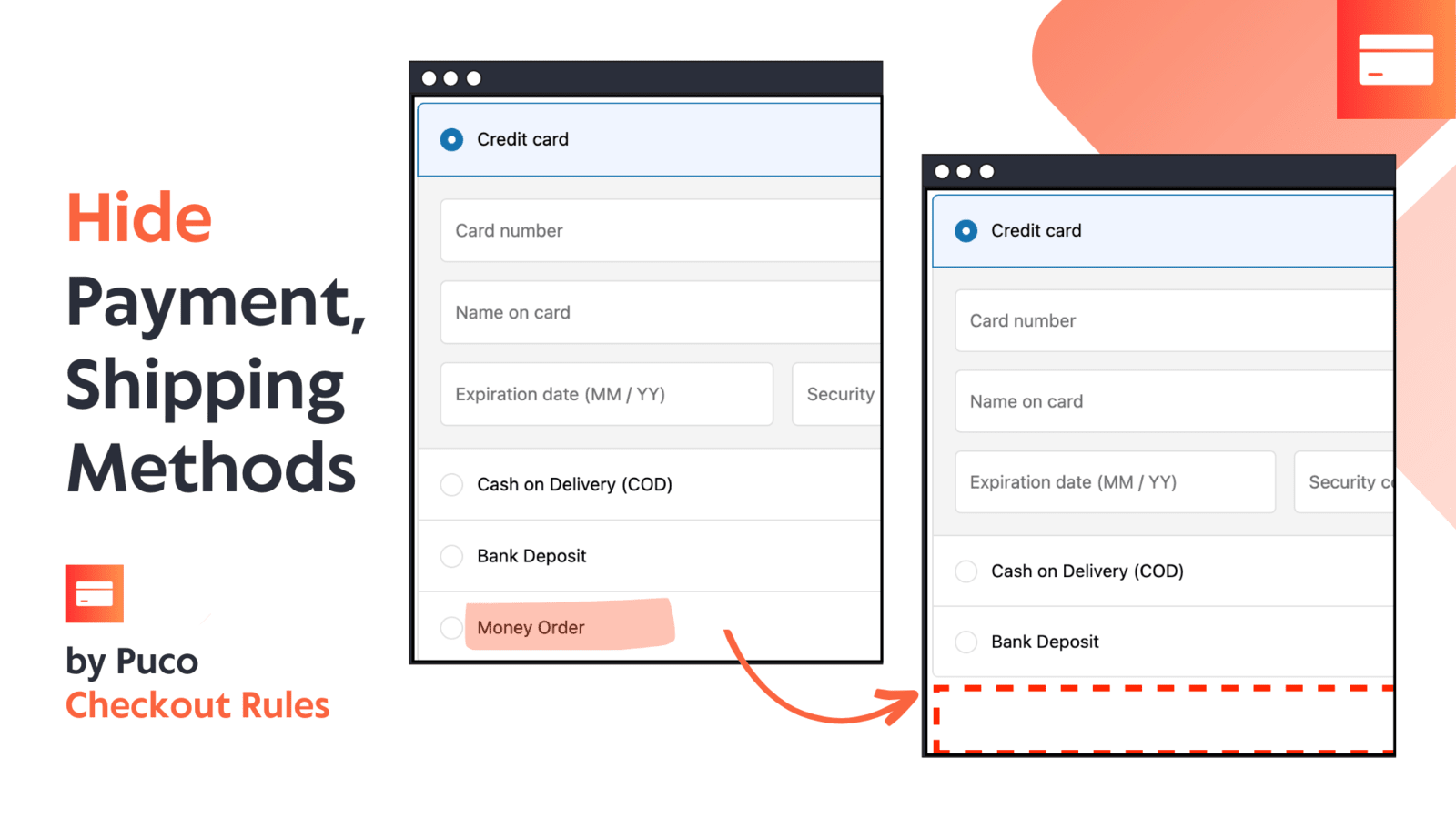 Ocultar métodos de pagamento ou envio