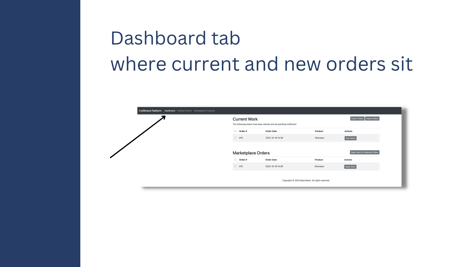 Dashboard fane - hvor nuværende og nye ordrer sidder