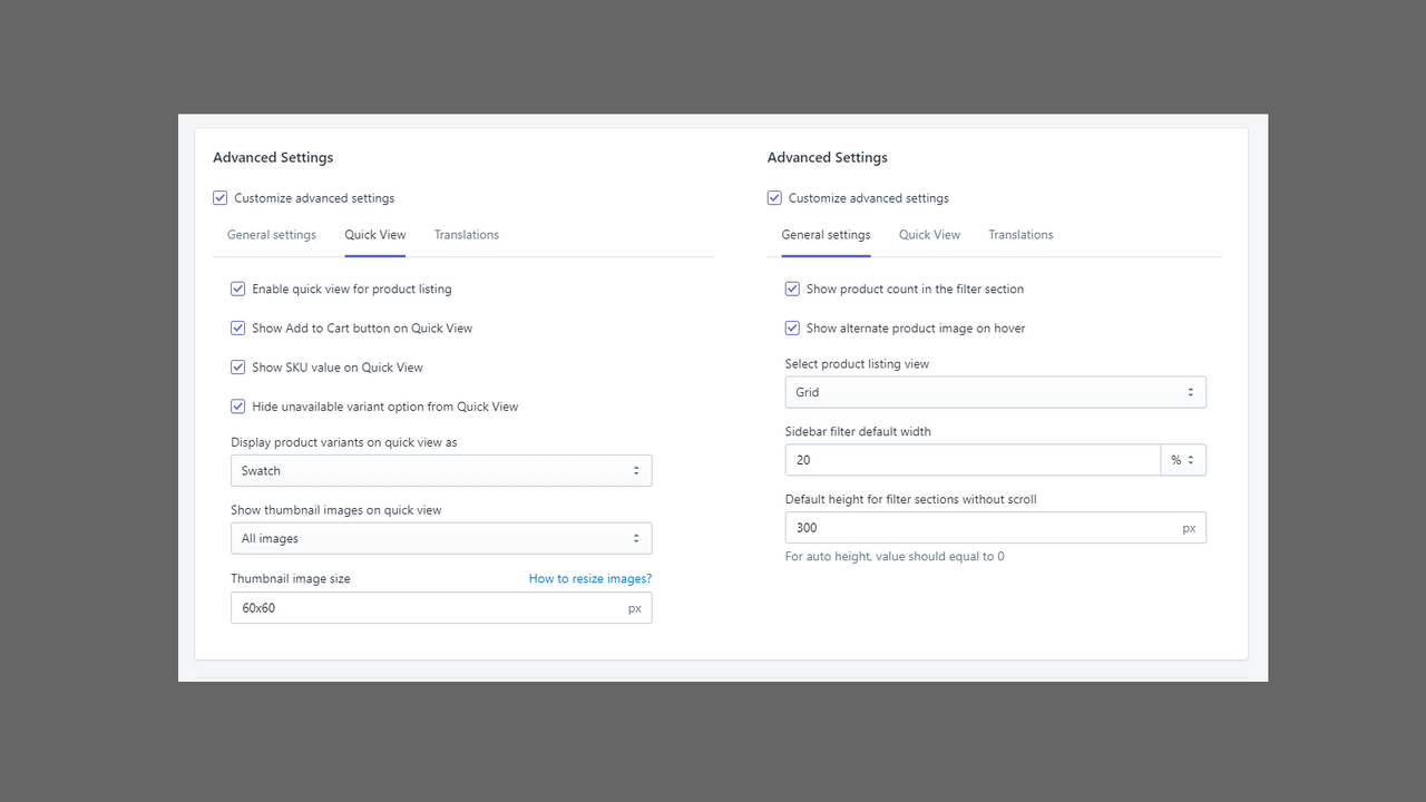 Options de configuration du filtre