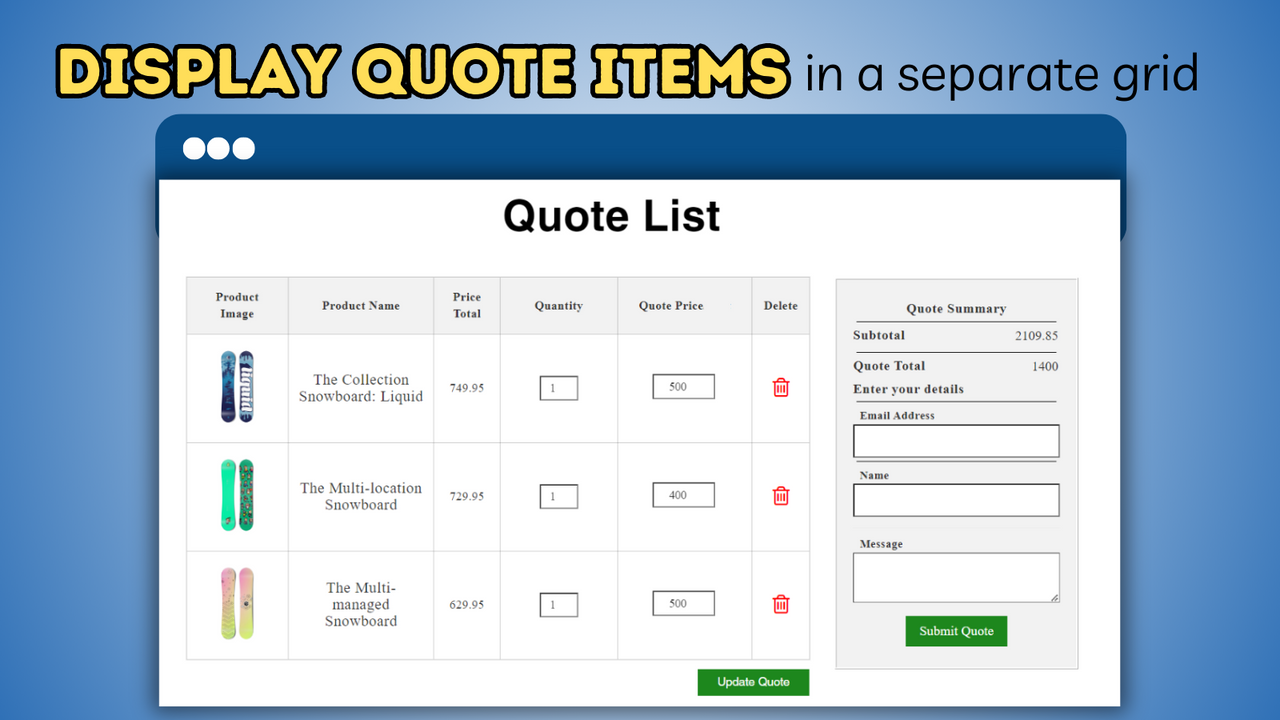 Display quote items in a separate grid