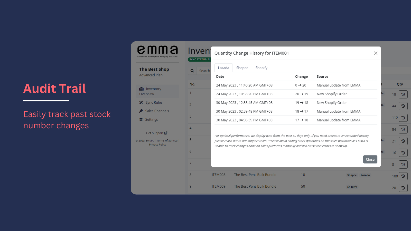 Piste d'audit - Suivez facilement les changements passés du nombre de stocks