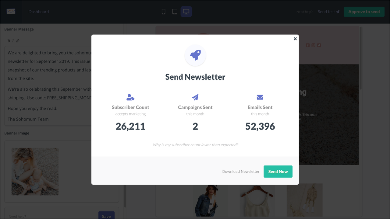 Aprove o conteúdo, depois exporte ou envie newsletters