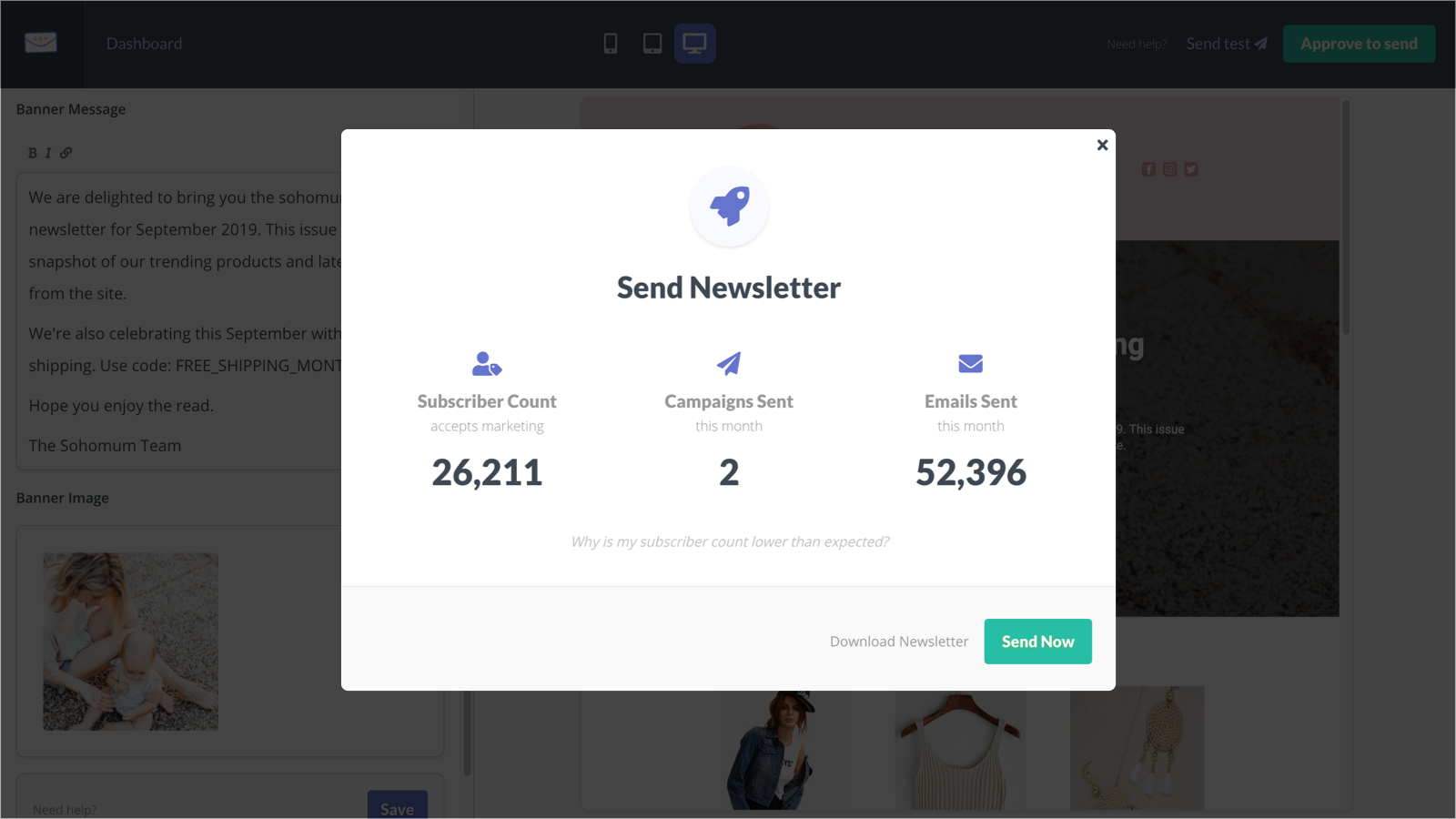 Approve content, then export or send newsletters