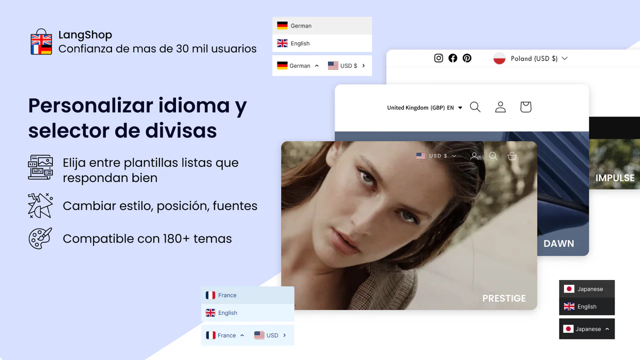 Idioma Shopify y Selector de divisas| Tienda de traducir