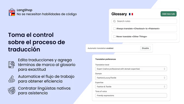 Traduce Shopify Store: checkout, metacampos | Añade glosario