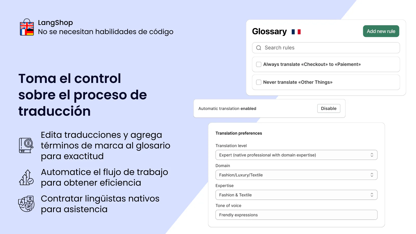 Traduce Shopify Store: checkout, metacampos | Añade glosario