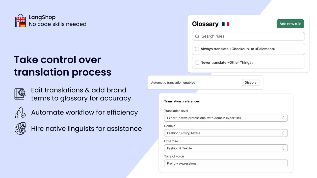 Translate Shopify Store: checkout, metafields | Add glossary