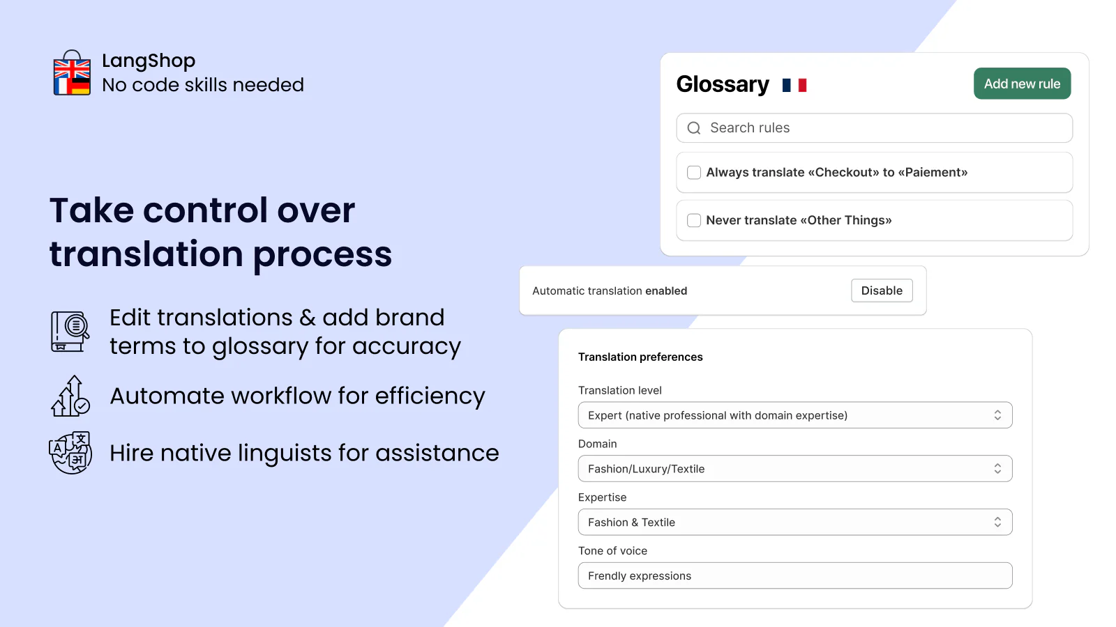 Translate Shopify Store: checkout, metafields | Add glossary