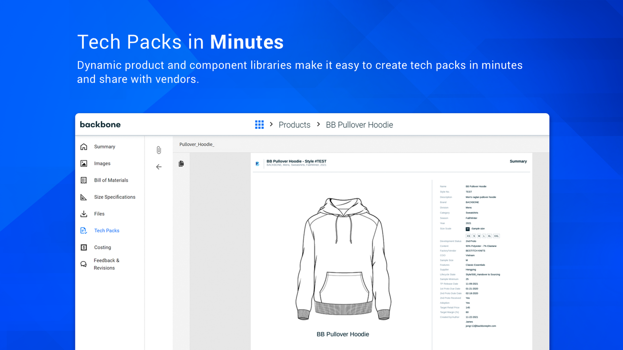 Create and share tech packs for fashion and apparel products