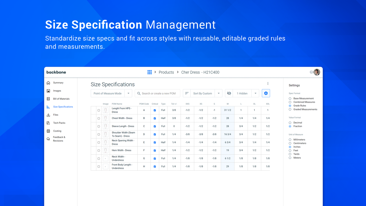 Manage apparel size specs with graded rules and measurements. 