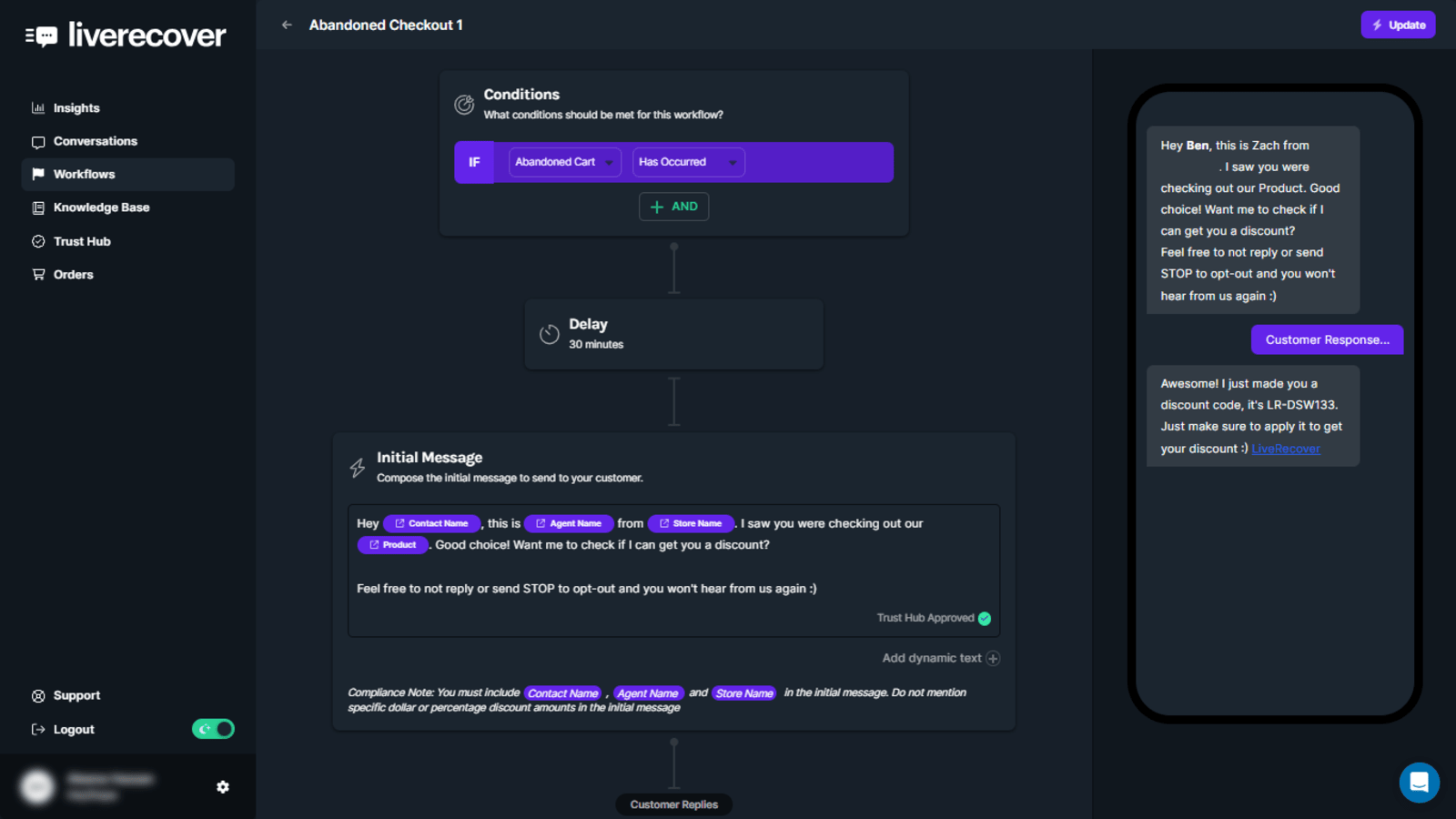 LiveRecover SMS Cart Recovery Screenshot