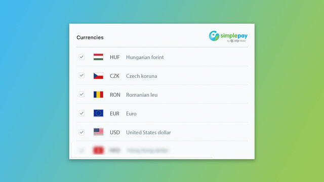 Moedas suportadas pelo SimplePay para Shopify (HUF, EUR, USD)