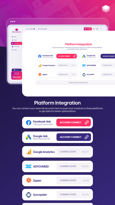 Connectez votre compte à Facebook, Google, Analytics...